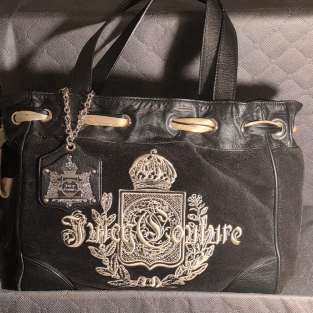 🎀 Vintage Velour Juicy Couture Black and White Daydreamer Y2k Tote Early 2000s